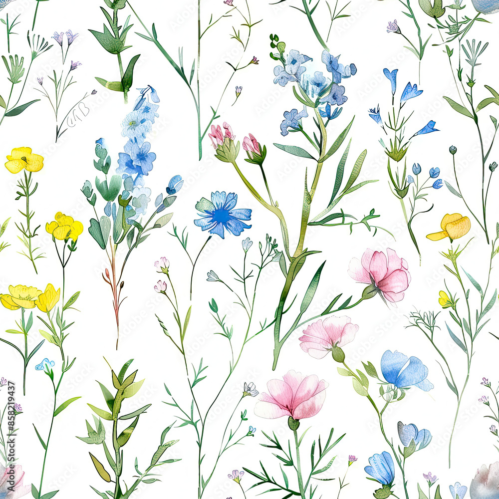 Pastel Wildflower and Greenery Seamless Pattern on White Background Pastel Wildflower and Greenery Seamless Pattern on White Background