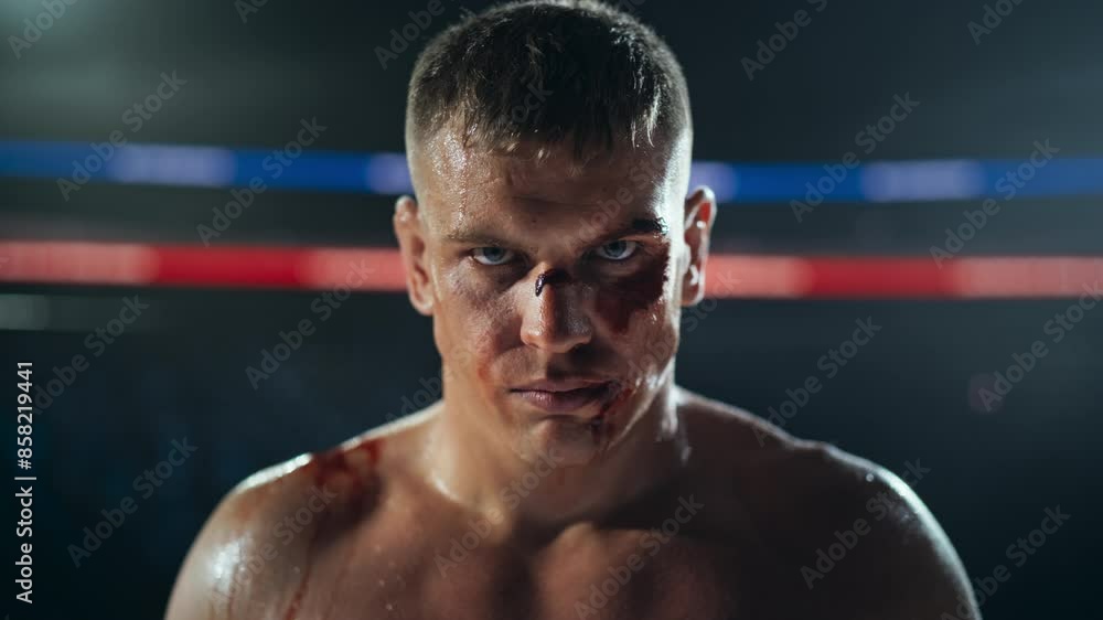 Looking at the Camera with Blood-Streaked Face and Sweat-Soaked Skin, MMA Fighter Shows Raw Determination. His Face Indicate that the Athlete Primed for the Next Round, Ready to Fight Looking at the Camera with Blood-Streaked Face and Sweat-Soaked Skin, MMA Fighter Shows Raw Determination. His Face Indicate that the Athlete Primed for the Next Round, Ready to Fight