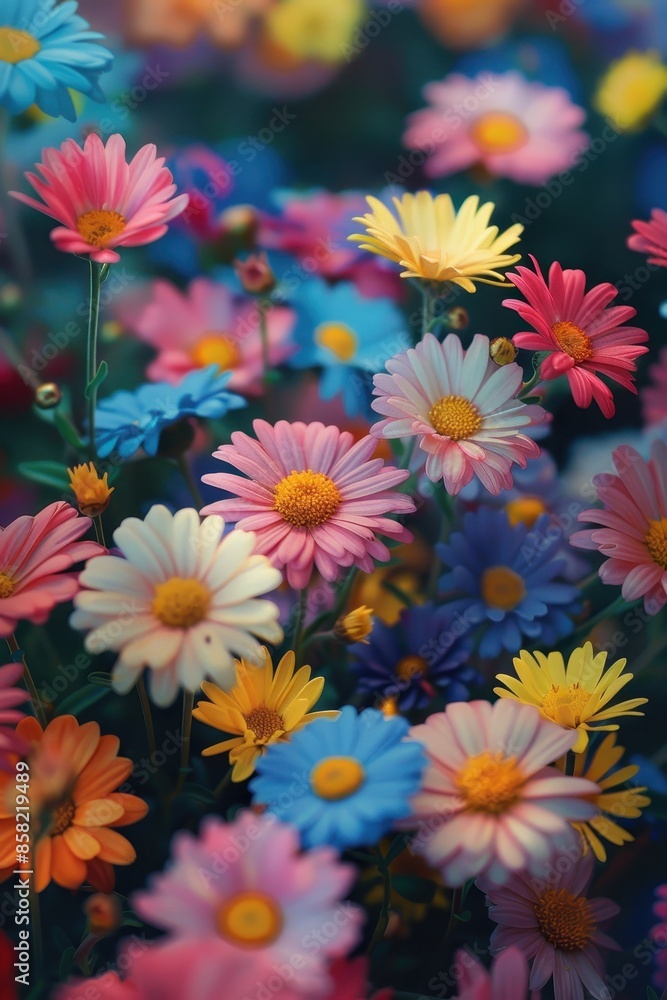 A colorful field of flowers with a variety of colors including pink, yellow A colorful field of flowers with a variety of colors including pink, yellow