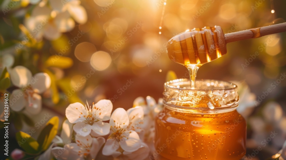 Honey Dripping from Dipper in Blooming Orchard Honey Dripping from Dipper in Blooming Orchard