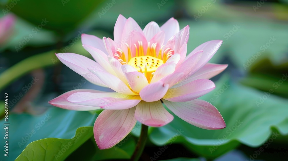 Lotus flower with soft pink petals and a bright yellow center AI generated Lotus flower with soft pink petals and a bright yellow center AI generated