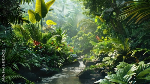 Lush rainforest with dense foliage, exotic plants, and a flowing stream AI generated photo