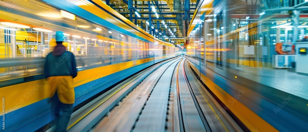 Speeding through the city's underground, with blurred lights and people rushing, showcasing the vibrant urban transport system's energetic movement and urbanization Speeding through the city's underground, with blurred lights and people rushing, showcasing the vibrant urban transport system's energetic movement and urbanization