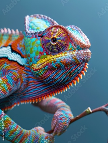 A colorful chameleon is perched on a branch © Natthakan