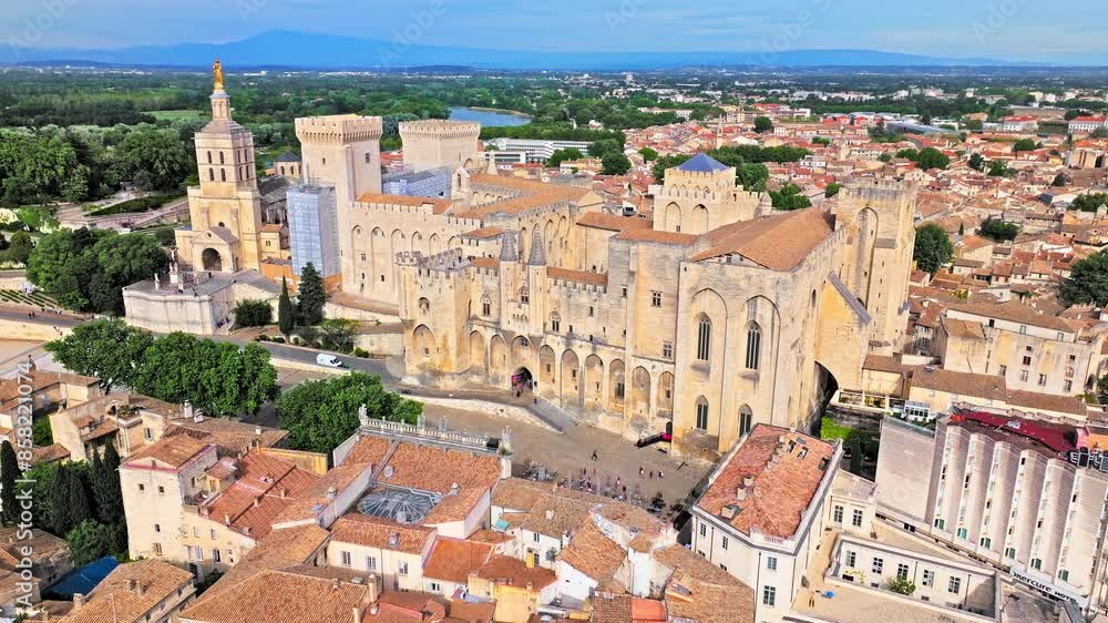 Aerial view of the largest and most important medieval Gothic buildings in Europe. Historical landmark Palais des Papes in Avignon, Southern France. Aerial view of the largest and most important medieval Gothic buildings in Europe. Historical landmark Palais des Papes in Avignon, Southern France.