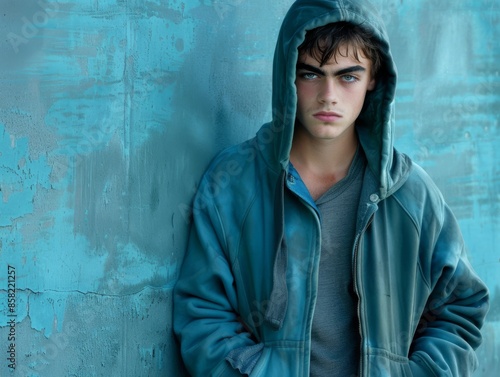  A teenage boy wearing open tight hoodie with medium sleeves,  © Deanmon