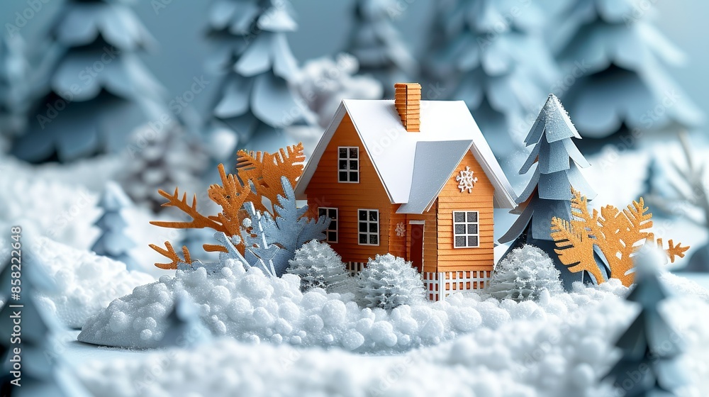 Paper craft winter cabin nestled in a snowy forest, perfect for cozy holiday scenes. Illustration, Minimalism, Paper craft winter cabin nestled in a snowy forest, perfect for cozy holiday scenes. Illustration, Minimalism,