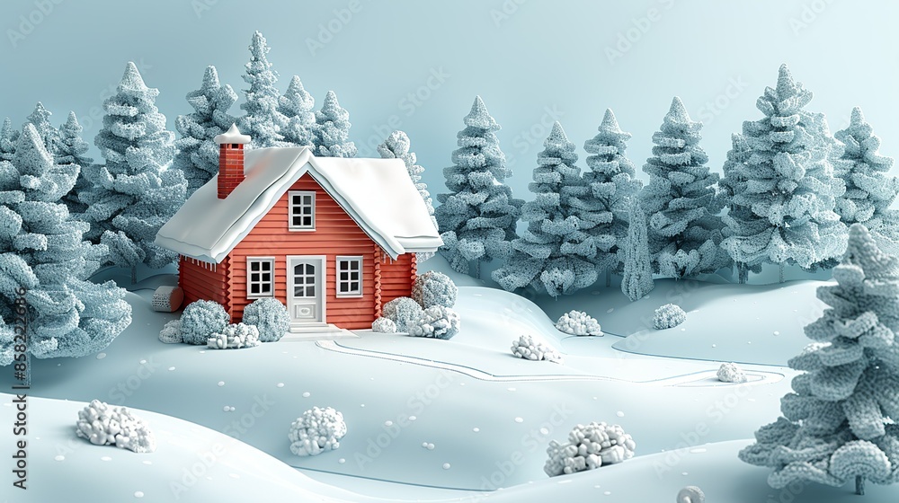 Paper craft winter cabin nestled in a snowy forest, perfect for cozy holiday scenes. Illustration, Minimalism, Paper craft winter cabin nestled in a snowy forest, perfect for cozy holiday scenes. Illustration, Minimalism,