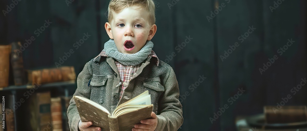 A little boy student in awe, glasses-wearing, mouth agape, marveling at a book near a blackboard in a school, embodying education and childhood curiosit A little boy student in awe, glasses-wearing, mouth agape, marveling at a book near a blackboard in a school, embodying education and childhood curiosit