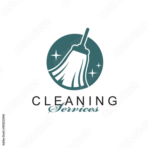 cleaning service design with broom isolated on white background