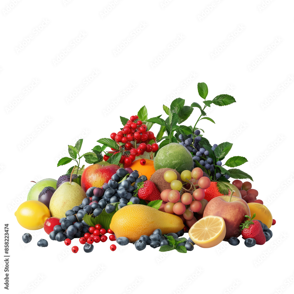 Arrangement of fruits, berries, and herbs on a transparent background Arrangement of fruits, berries, and herbs on a transparent background