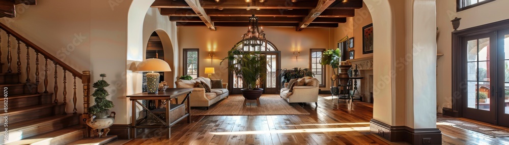 Fototapeta premium Traditional Spanish interior featuring reclaimed wood flooring
