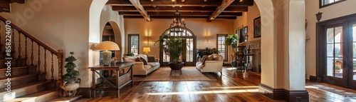 Traditional Spanish interior featuring reclaimed wood flooring