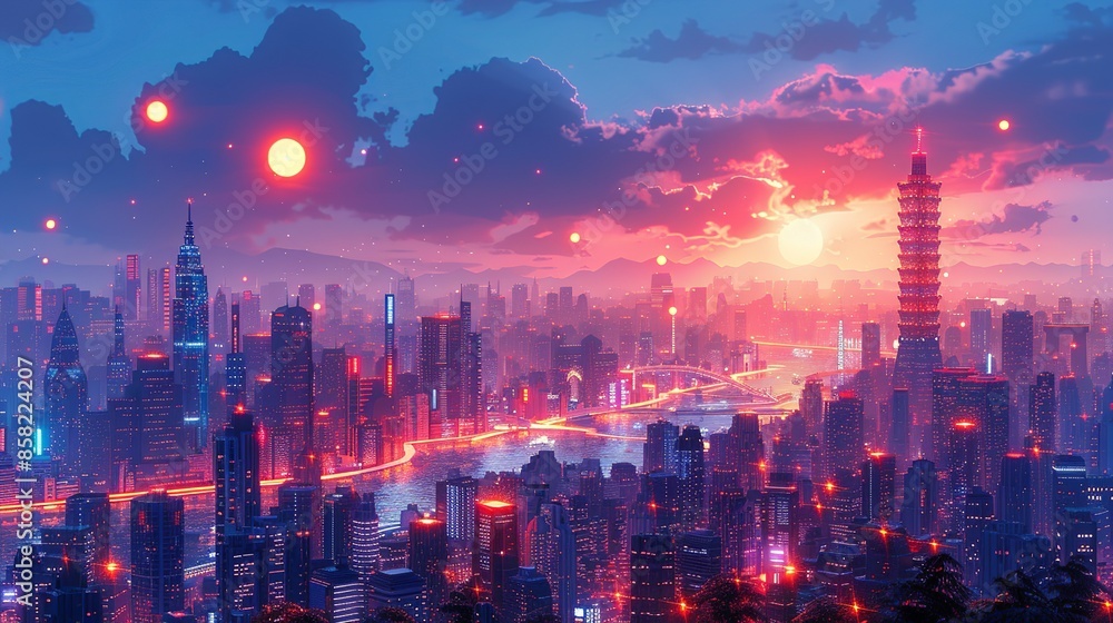 Fototapeta premium Paper craft futuristic cityscape at night, with neon lights and towering skyscrapers, perfect for cyberpunk artwork. Illustration, Minimalism,