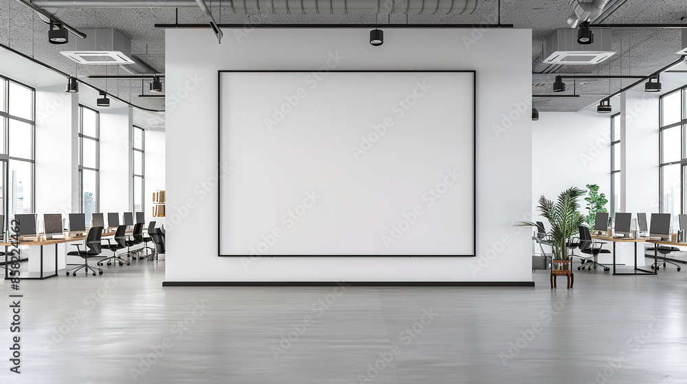 Ultra Realistic Photography of Large White Wall in Open Office Space with Desks and Chairs on Concrete Floor Ultra Realistic Photography of Large White Wall in Open Office Space with Desks and Chairs on Concrete Floor
