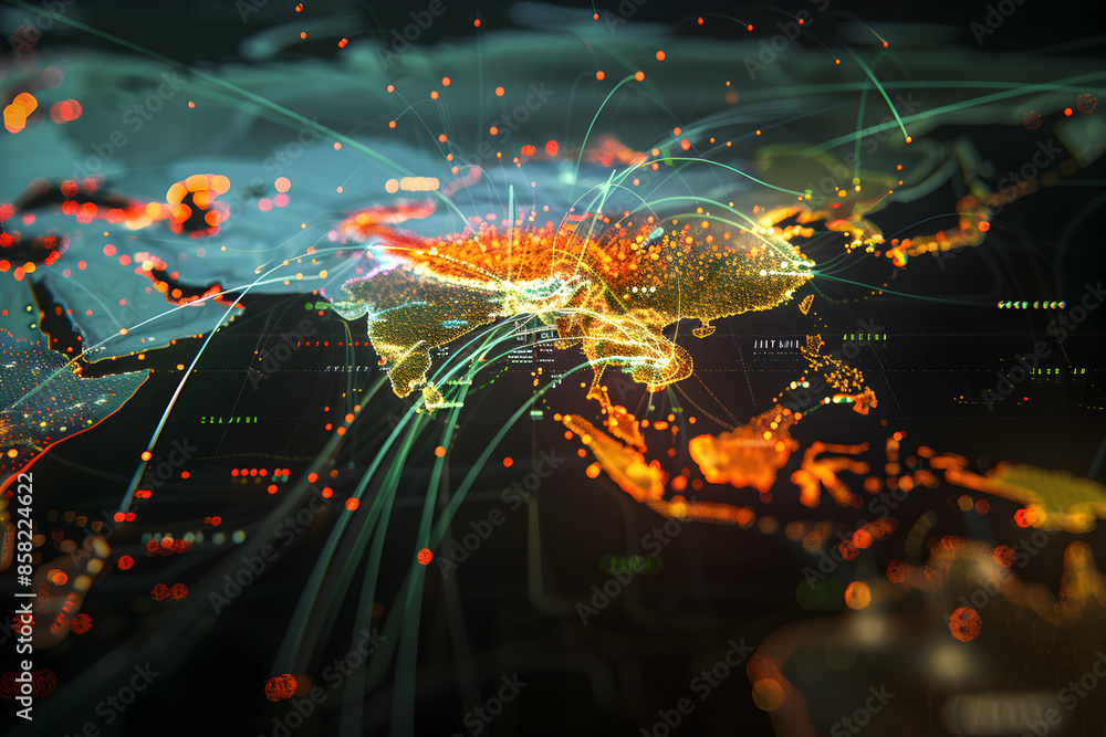 A vivid representation of a global network on a digital map.
A vivid representation of a global network on a digital map.