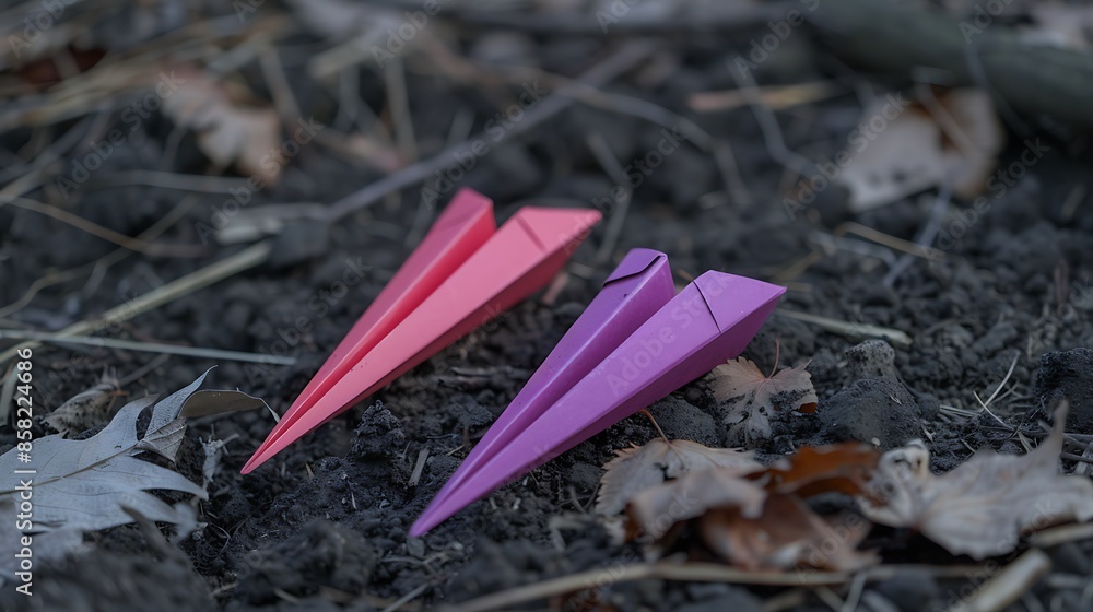 Two pink and purple paper plane on the ground very detailed and realistic shape Two pink and purple paper plane on the ground very detailed and realistic shape