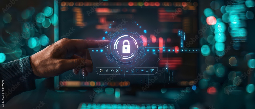 Technology and computer screens displaying padlock coded information, emphasizing data protection and cybersecurity in business and digital environments Technology and computer screens displaying padlock coded information, emphasizing data protection and cybersecurity in business and digital environments