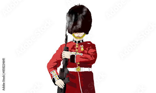 Fotografie portrays a figure in a British red military uniform with a large black bearskin hat, rifle in hand, and face shrouded in shadow