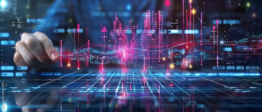 Technology-driven environment with computers and screens displaying digital data, reflecting the integration of information and networks in modern business Technology-driven environment with computers and screens displaying digital data, reflecting the integration of information and networks in modern business