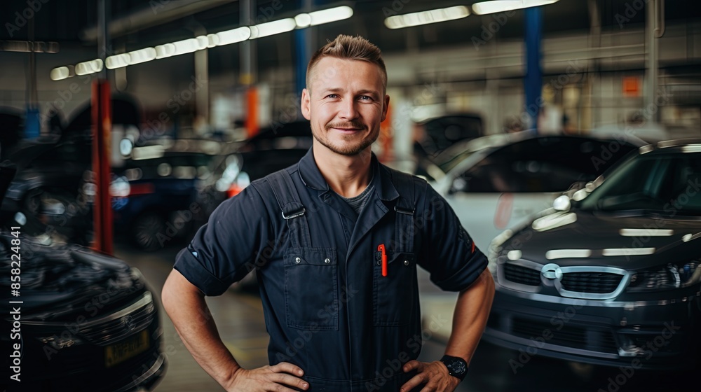 smiling Caucasian auto mechanic in uniform in a car repair and painting shop smilingly looks at the camera.specialized auto service center smiling Caucasian auto mechanic in uniform in a car repair and painting shop smilingly looks at the camera.specialized auto service center