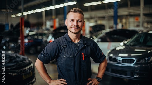 smiling Caucasian auto mechanic in uniform in a car repair and painting shop smilingly looks at the camera.specialized auto service center © Photolife  