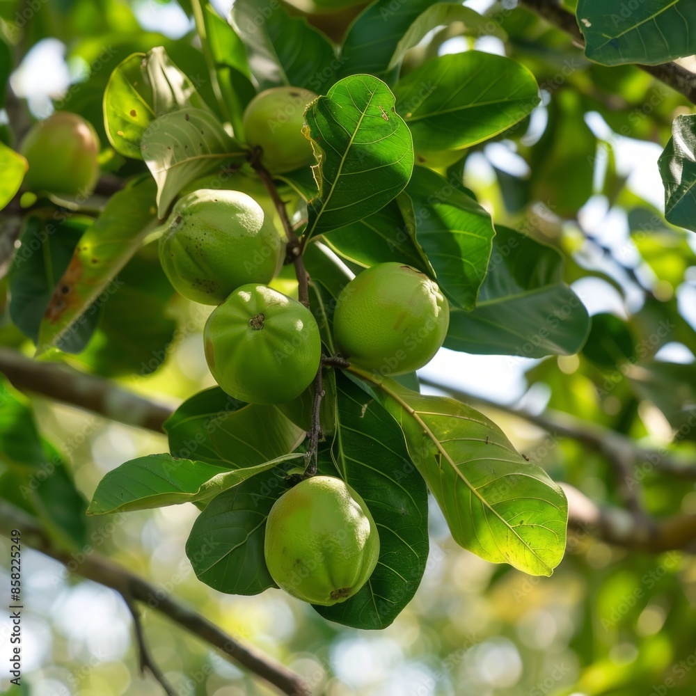 A bunch of green fruit hanging from a tree. manchineel tree, a poisonous tree A bunch of green fruit hanging from a tree. manchineel tree, a poisonous tree