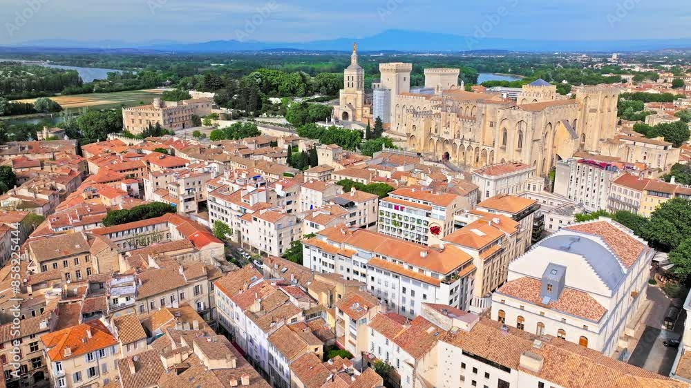 Aerial view of the largest and most important medieval Gothic buildings in Europe. Historical landmark Palais des Papes in Avignon, Southern France. Aerial view of the largest and most important medieval Gothic buildings in Europe. Historical landmark Palais des Papes in Avignon, Southern France.