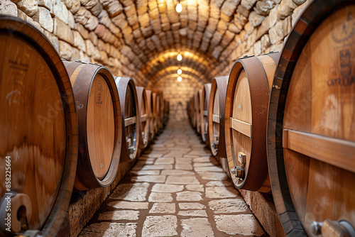 Photo of a wine cellar with barrels of wine © KhCht