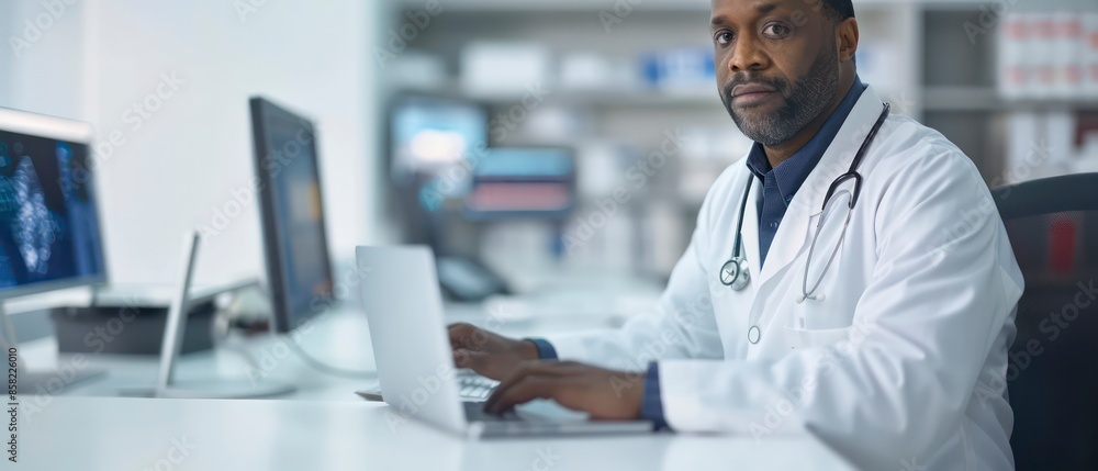 A doctor in a white coat using a laptop at their desk, surrounded by medical books and a stethoscope, ensuring efficient healthcare management A doctor in a white coat using a laptop at their desk, surrounded by medical books and a stethoscope, ensuring efficient healthcare management