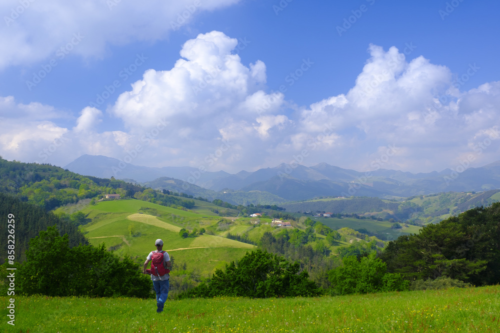 Man walking. Hiker walking in the mountains of Euskadi.