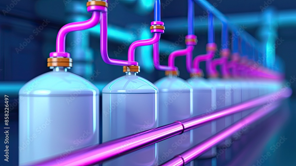 A futuristic industrial process showcasing aligned canisters and vibrant, illuminated pipes in a modern laboratory environment. A futuristic industrial process showcasing aligned canisters and vibrant, illuminated pipes in a modern laboratory environment.