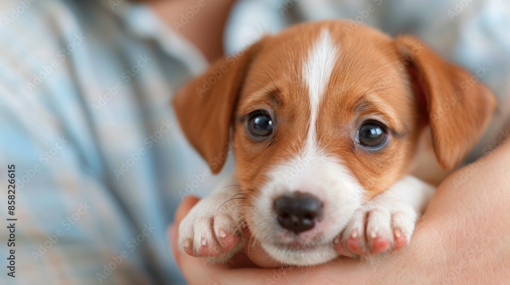 Adorable brown and white puppy with big eyes being held gently in someone's arms, looking curious and playful. Adorable brown and white puppy with big eyes being held gently in someone's arms, looking curious and playful.