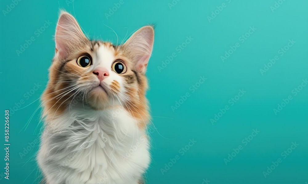 Adorable domestic cat with curious expression against a turquoise background. Perfect for pet-themed designs or animal-related projects. Adorable domestic cat with curious expression against a turquoise background. Perfect for pet-themed designs or animal-related projects.