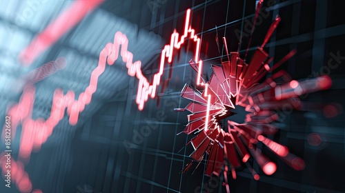 Abstract image of a broken stock market chart with sharp crack lines on a digital interface, signifying financial crisis or market crash. photo