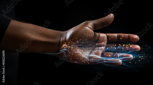 Human hand connecting with digital hand, symbolizing modern digital transformation concept