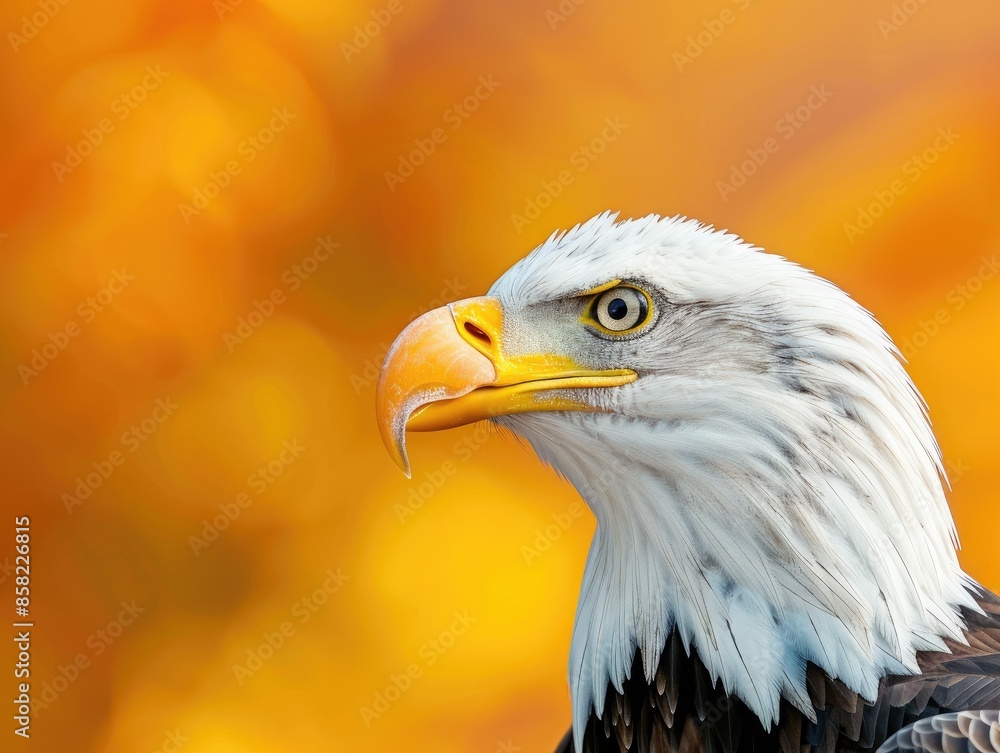 Obraz premium Close up of a majestic bald eagle with striking eyes and sharp beak set against a vibrant autumn background.