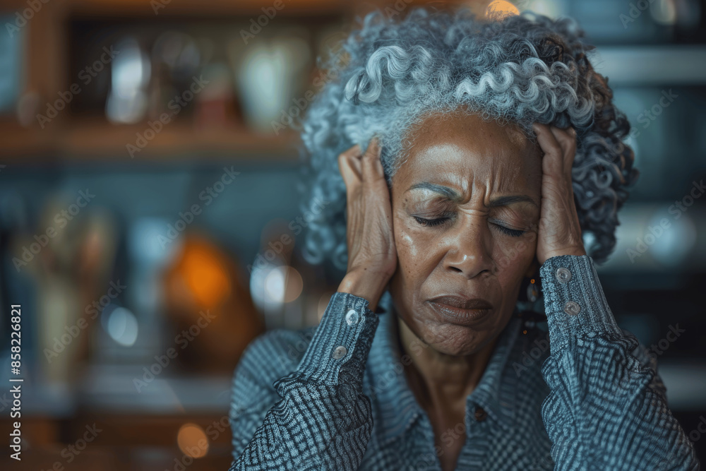 Fototapeta premium African-American senior woman with greying hair sitting at kitchen table, head in hands, showing pain or stress, alone at home
