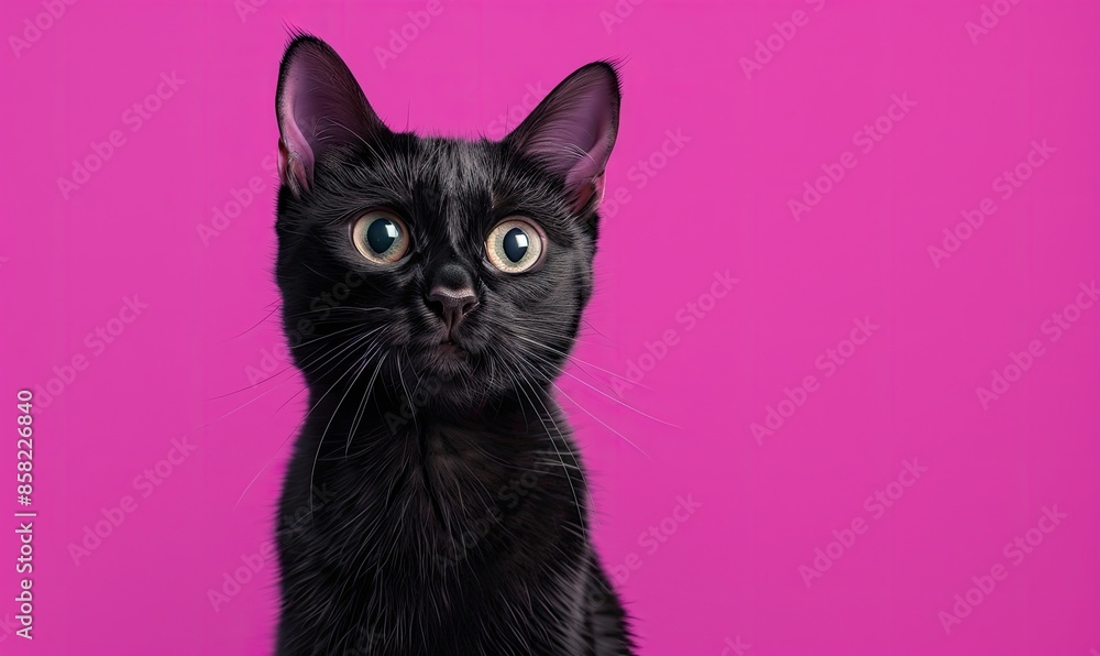 Close-up of a black cat with wide eyes, sitting against a vibrant pink background. Perfect for pet and animal-themed stock photography. Close-up of a black cat with wide eyes, sitting against a vibrant pink background. Perfect for pet and animal-themed stock photography.