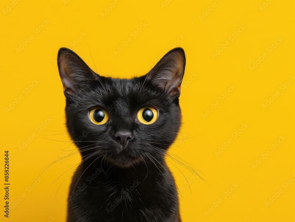 Close-up of a black cat with yellow eyes against a bright yellow background. The cat looks intently at the camera. Close-up of a black cat with yellow eyes against a bright yellow background. The cat looks intently at the camera.