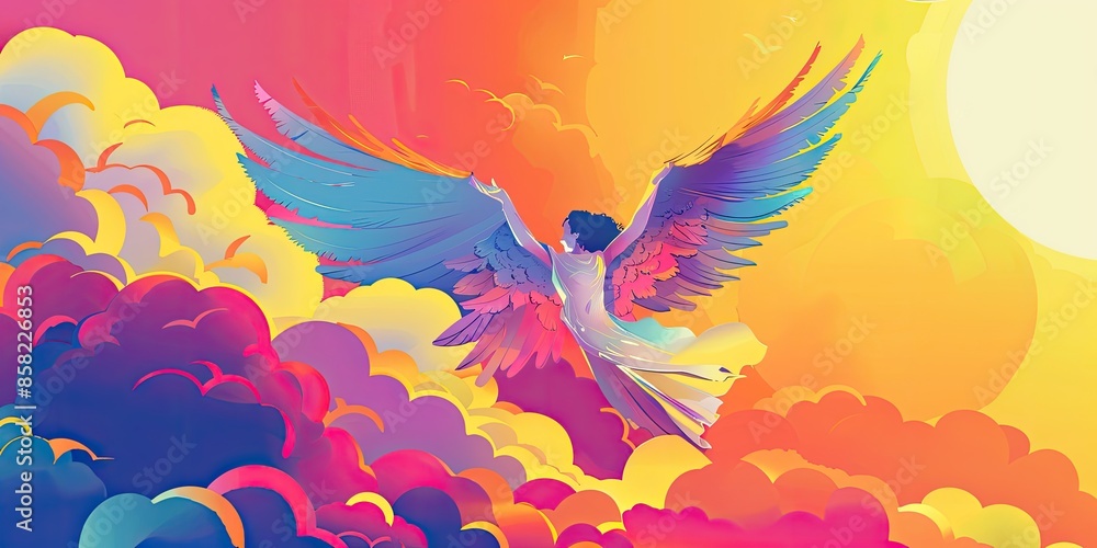 Fototapeta premium Majestic Angelic Figure in Colorful Clouds