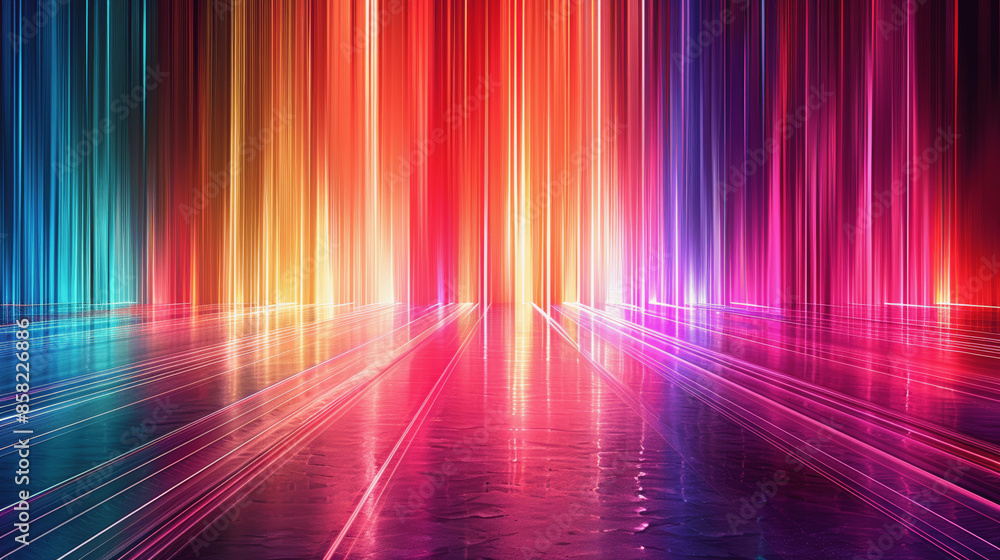 Abstract 3D Render with Colorful Neon Rays and Glowing Spectrum Lines, Shiny Reflective Floor Abstract 3D Render with Colorful Neon Rays and Glowing Spectrum Lines, Shiny Reflective Floor
