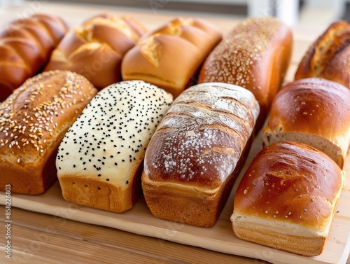 Assorted freshly baked bread loaves on a wooden table. Includes sesame, poppy seed, and crusty white loaves. Perfect for bakery display.