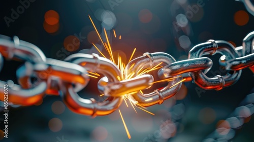 Close-up of a breaking metal chain with dramatic sparks, symbolizing strength, tension, and resilience under pressure. photo