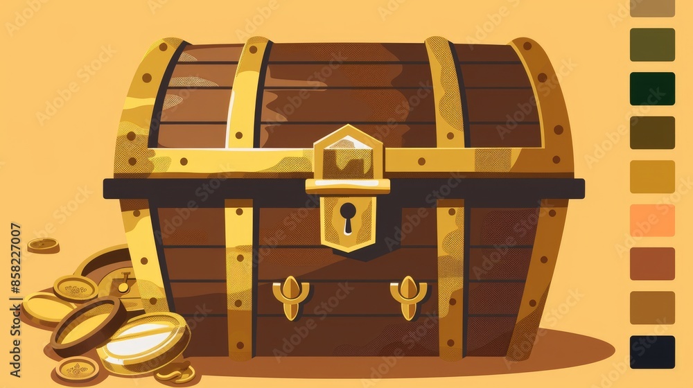 Gold treasure chest flat design front view fortune theme cartoon drawing Triadic Color Scheme Gold treasure chest flat design front view fortune theme cartoon drawing Triadic Color Scheme