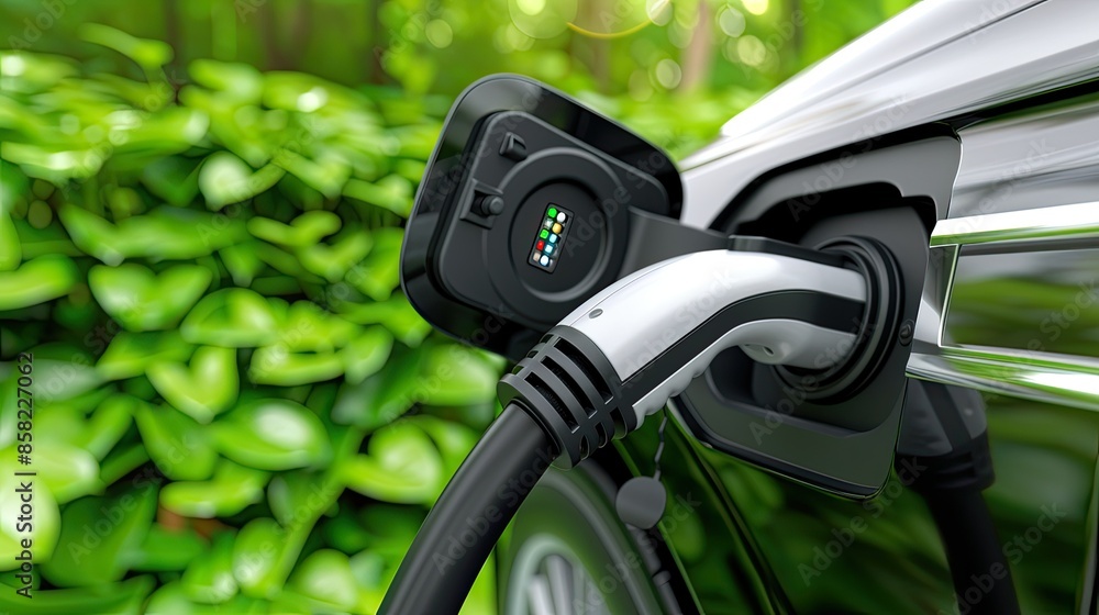 Close-up of an electric car charging at a charging station with green foliage in the background, showcasing sustainable and eco-friendly transportation. Close-up of an electric car charging at a charging station with green foliage in the background, showcasing sustainable and eco-friendly transportation.