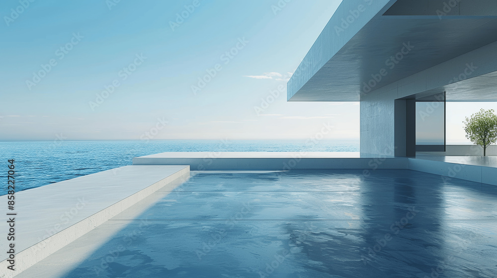 3d render of modern minimalist building with empty concrete floor and open sea view for promotional poster in minimal style 3d render of modern minimalist building with empty concrete floor and open sea view for promotional poster in minimal style