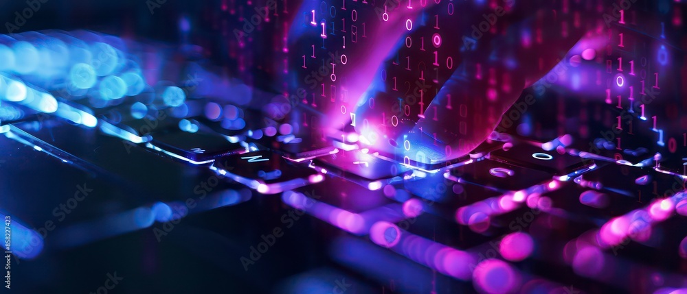 A computer keyboard with bright blue backlighting and a glittering effect, symbolizing technology and modern office environments A computer keyboard with bright blue backlighting and a glittering effect, symbolizing technology and modern office environments