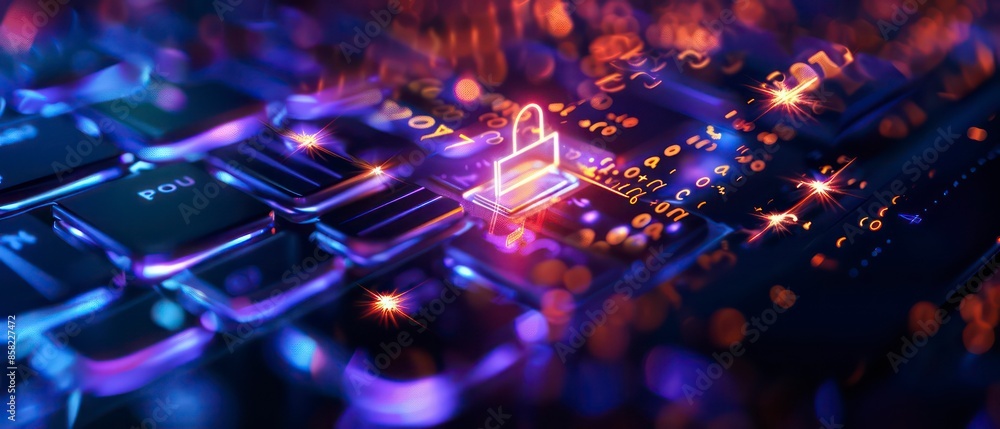 A computer keyboard with bright blue backlighting and a glittering effect, symbolizing technology and modern office environments A computer keyboard with bright blue backlighting and a glittering effect, symbolizing technology and modern office environments