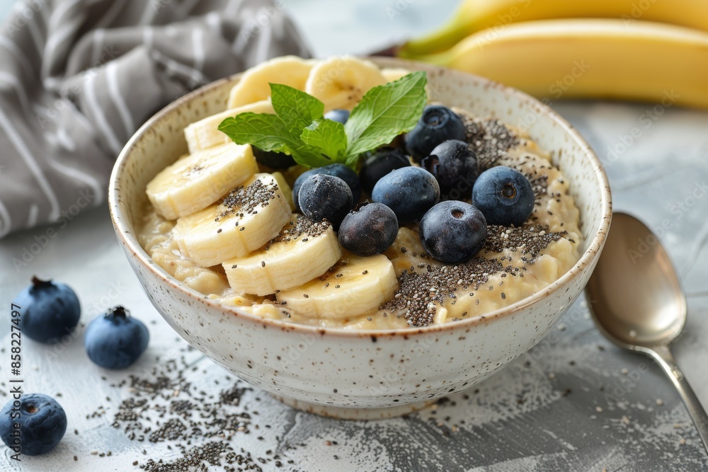 A Bowl of Oatmeal With Sliced Bananas, Blueberries, and Chia Seeds A Bowl of Oatmeal With Sliced Bananas, Blueberries, and Chia Seeds